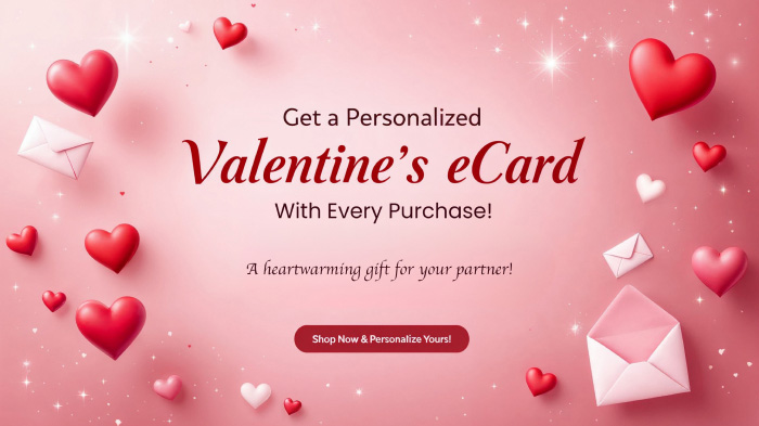 An ad for a free Valentine’s eCard on every purchase featuring hearts and love letter illustrations.