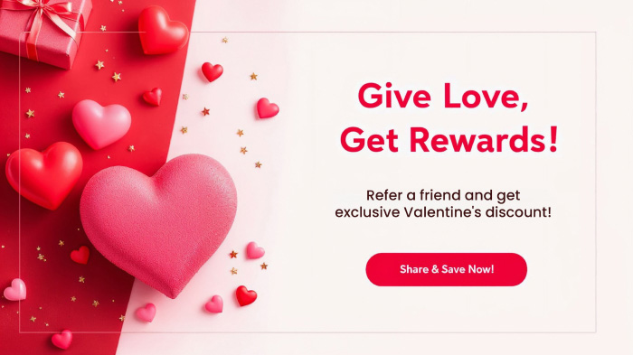 A Valentine’s Day rewards promo featuring imagery of a gift box and big and small red hearts.