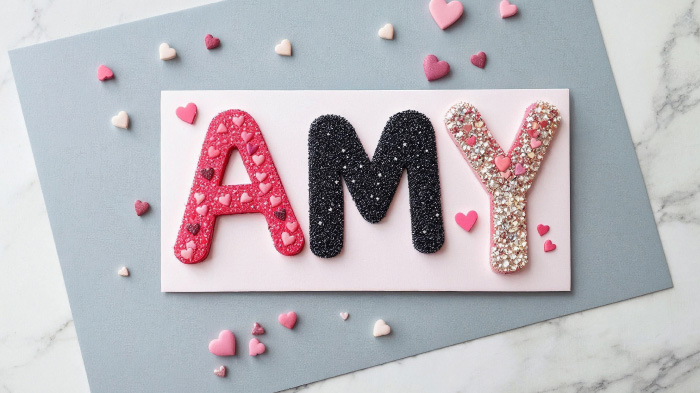 Cut-out initials AMY adorned with decorative patterns, adding a unique and customized touch to the Valentine’s card.