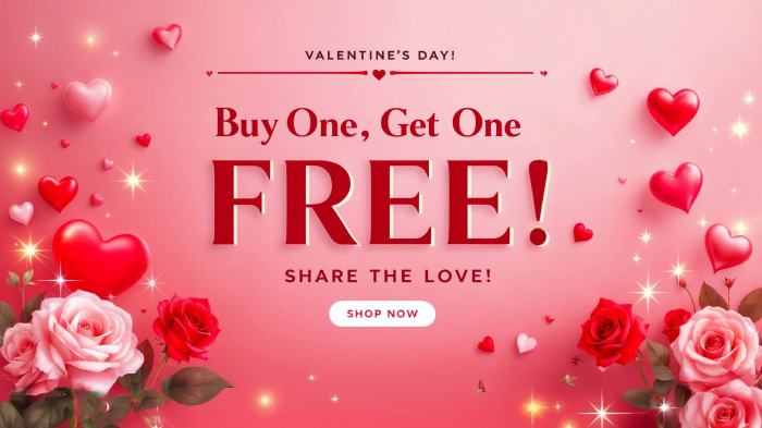 A Valentine’s Day buy one, get one promo featuring rose bouquet stickers, heart illustrations, and glittery stars.