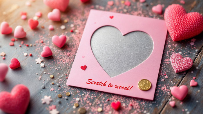 Hidden funny messages under a scratch-off surface, adding an element of surprise and laughter to your Valentine’s card.