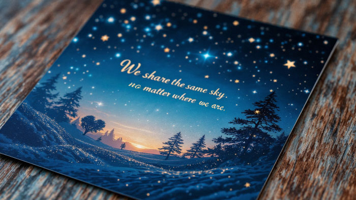 A starry night-themed card with the message, “We share the same sky, no matter where we are,” bringing comfort across any distance.