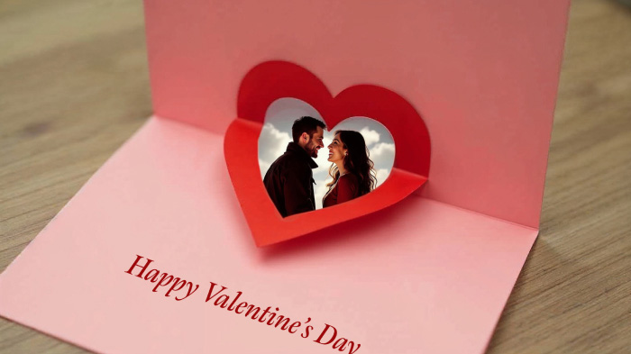 A heart or a special photo of the couple popping up inside the card, creating a fun and interactive moment.