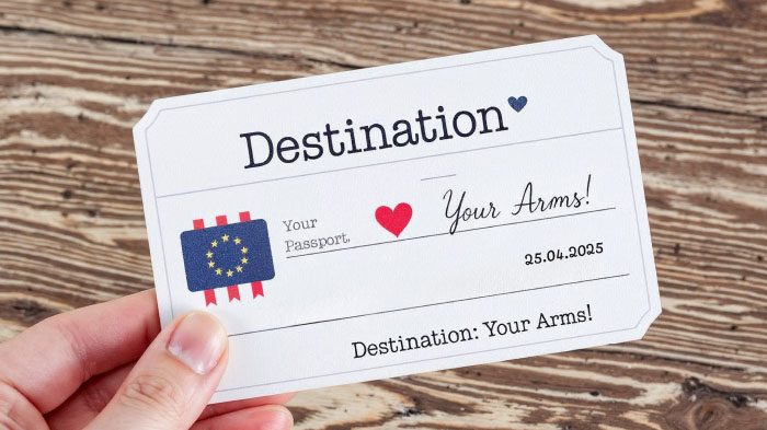 A travel-inspired card designed like a passport or boarding pass with “Destination: Your Arms!” making love feel like the ultimate adventure.