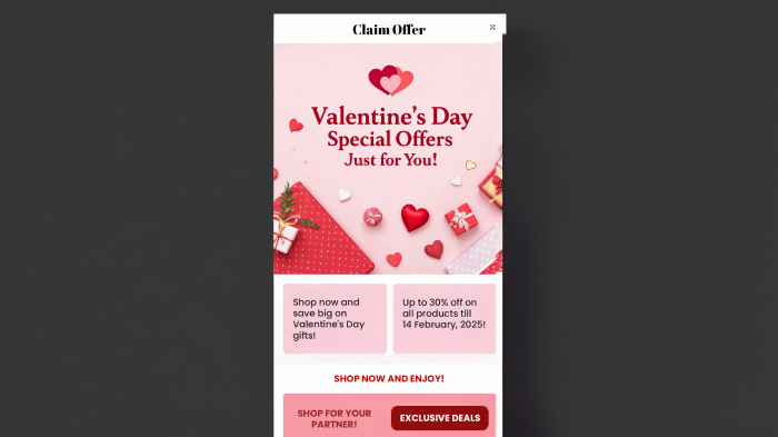 A promo for Valentine’s Day offers featuring imagery of hearts and gift boxes, along with text.
