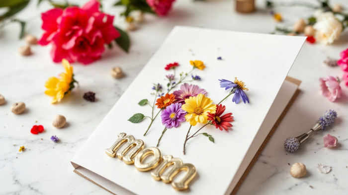 A beautifully crafted card featuring real pressed flowers, showcasing her favorite blooms for a timeless, elegant touch.