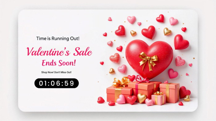 A Valentine’s Day sale countdown promo featuring a timer, gift boxes, and colorful floating hearts.