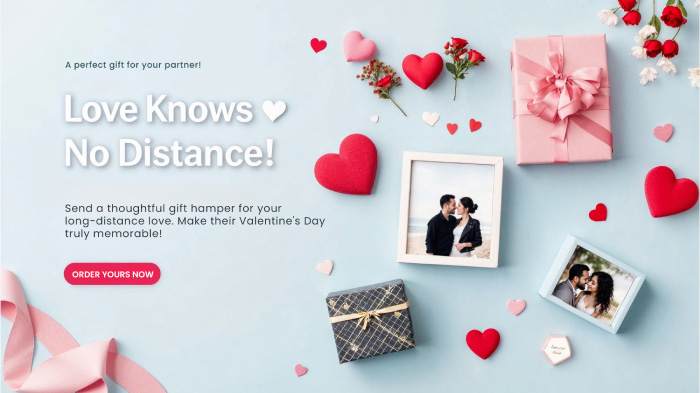 An ad for Valentine’s Day gifts for long-distance couples with imagery featuring couple photo frames, hearts, and flowers.