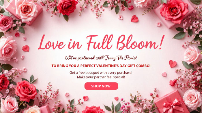 An ad for Valentine’s Day partnership featuring a beautiful border of colorful roses and gift boxes.
