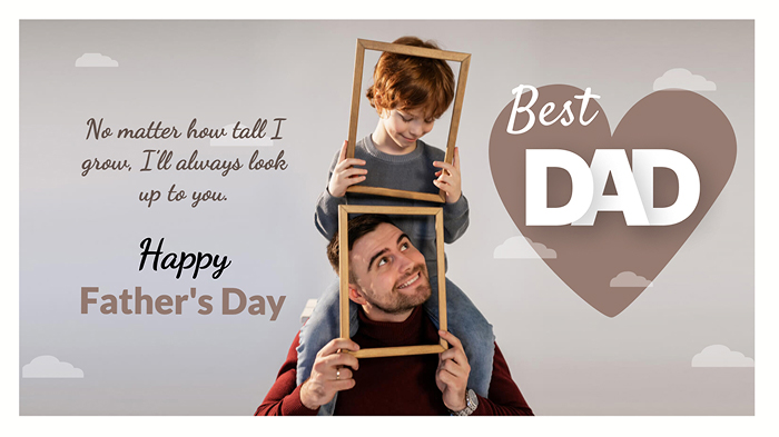 Alt text: A Father’s Day card with a photo of a child sitting on their dad’s shoulders, a sweet message, and the best dad sticker.