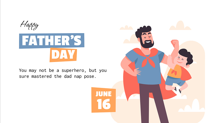 A Father’s Day card featuring an illustration of a dad lifting his son with his arm and a funny message.
