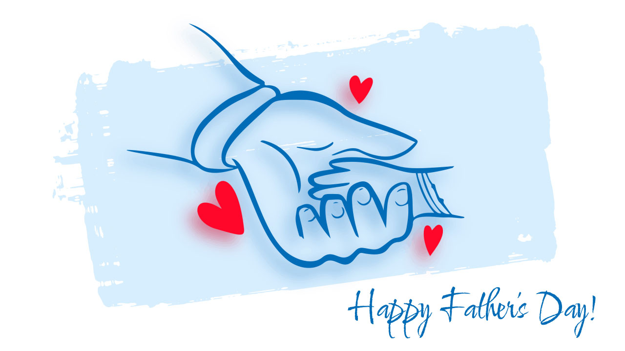 A Father’s Day image featuring a father’s hand holding a child’s hand and heart illustrations.