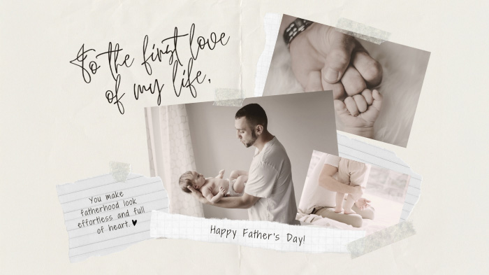 A vintage-themed Father’s Day card for a husband with multiple father-child moment pictures and a message.
