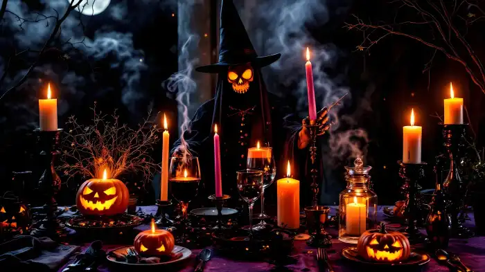 An image of a spooky sorcery session Halloween party idea featuring candles, mystical decor, and a person as a wizard.
