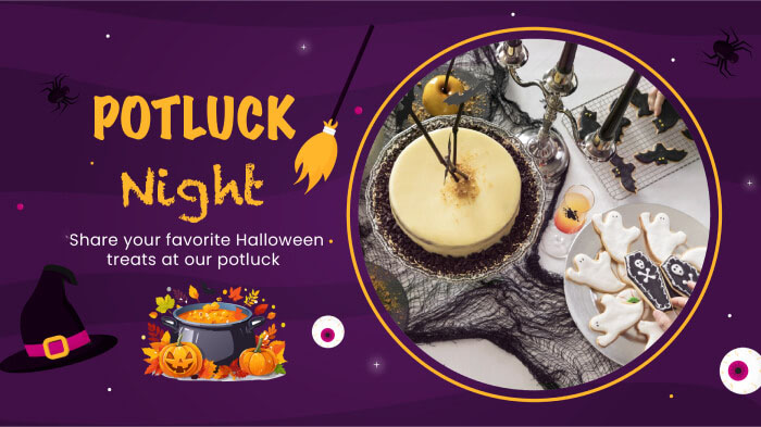 Halloween potluck party invite with the text reading, “Share your favorite Halloween treats at our potluck.”