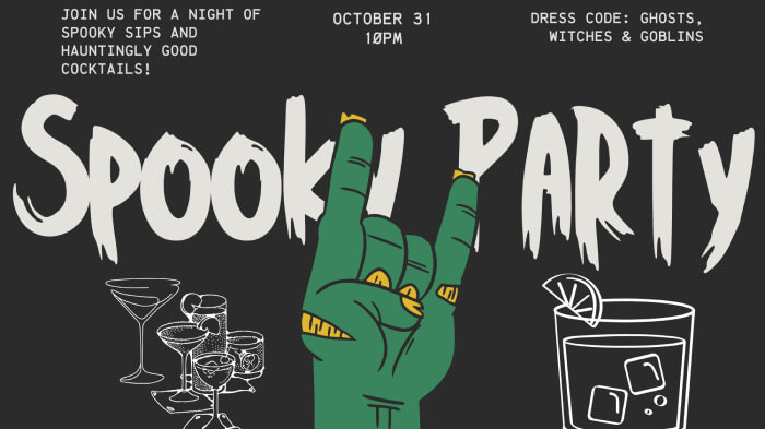 Halloween cocktail party invite with the text reading, “Join us for a night of spooky sips and hauntingly good cocktails!”