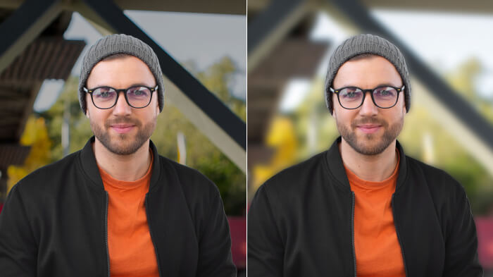 Comparison of image background of a man in orange T-shirt under black jacket and making the blur background to set the focus on man rather than background