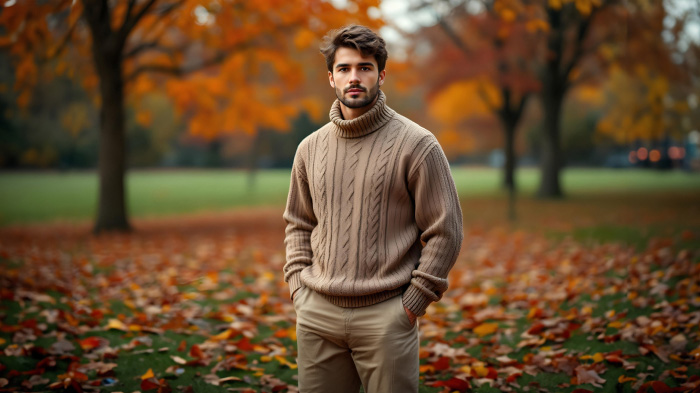 A Thanksgiving outfit for men, featuring a cable knit sweater in warm fall hues with chinos. 