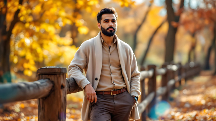  A Thanksgiving outfit style for men, featuring a shawl collar cardigan with chinos. 