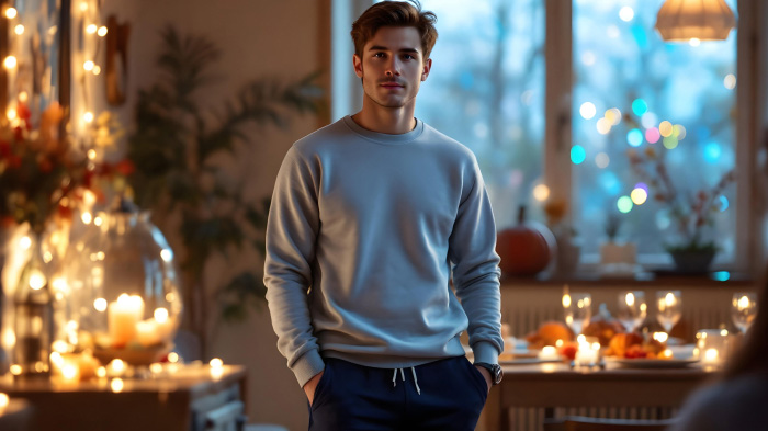 A men’s fall fashion idea for Thanksgiving, featuring a casual pullover with jogger pants. 