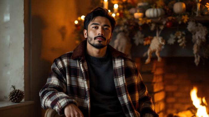  A men’s outfit idea for Thanksgiving, featuring a cozy chore jacket over a sweater. 