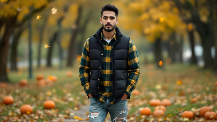 A Thanksgiving outfit for men, featuring a flannel shirt with a puffer vest and jeans. 