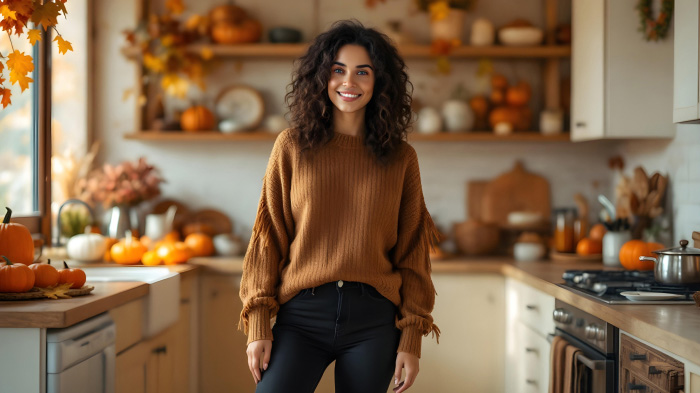A women’s outfit idea for Thanksgiving, featuring a fringed sweater over skinny jeans. 