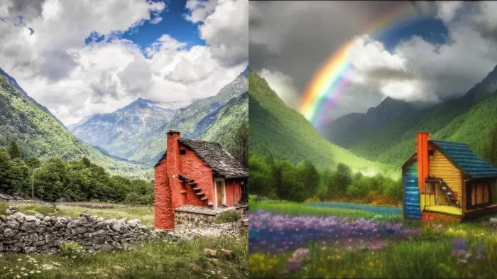Before and after using the artificial intelligence Rainbow filter that highlights a beautiful change in the vibrancy of the rainbow colors.