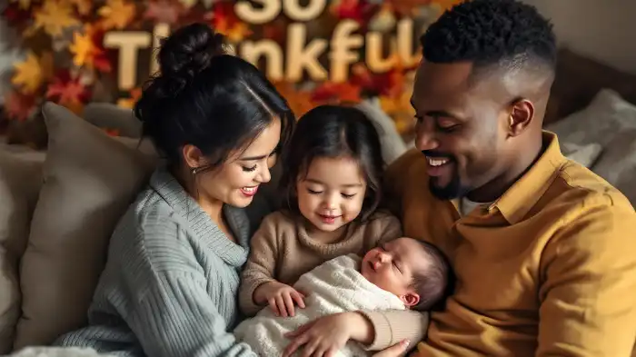 A Thanksgiving photo of a newborn baby being cradled by family members.