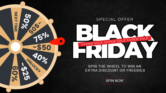 An image featuring the Black Friday “spin the wheel” offer to win extra discounts or freebies.