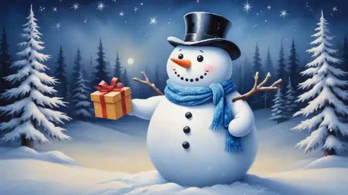 A Christmas painting of a happy snowman holding a gift surrounded by snow-covered trees, stars, and the moon.