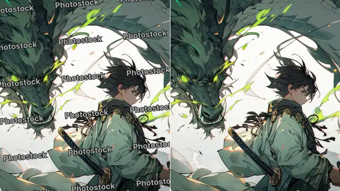 Comparison of two images of an anime character. Left, with a patterned watermark. Right, showing an AI watermark removal.