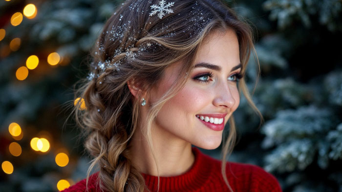 A female cute Christmas hairstyle featuring a side braid adorned with snowflake accessories and some glitter dust.