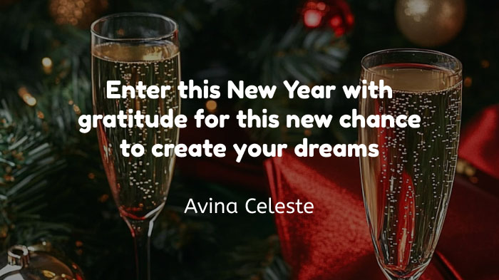 An image with a disco ball and a champagne glass, along with a New Year quote about gratitude by Avina Celeste.