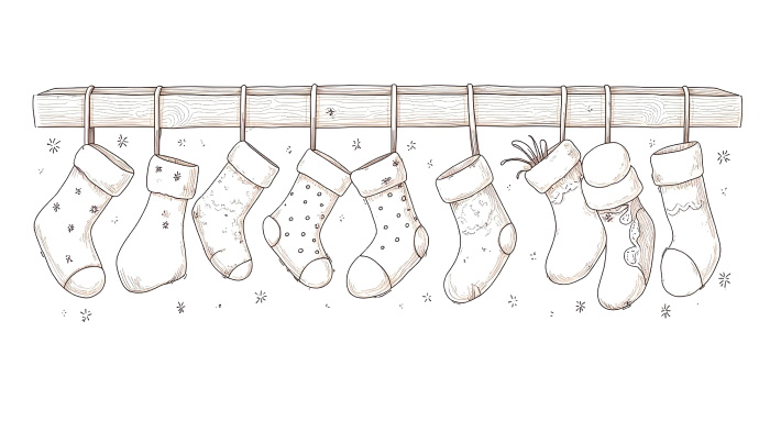 A pencil Christmas drawing of different hanging stockings.