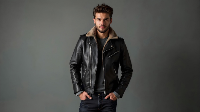 A photo of a man in an outfit featuring a leather jacket and dark jeans. 