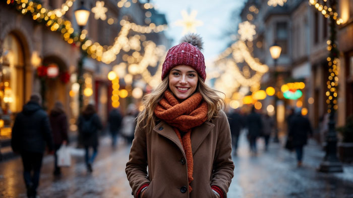 A woman standing in a festive city street surrounded by twinkling holiday lights wearing a warm coat and scarf for a cozy holiday look.