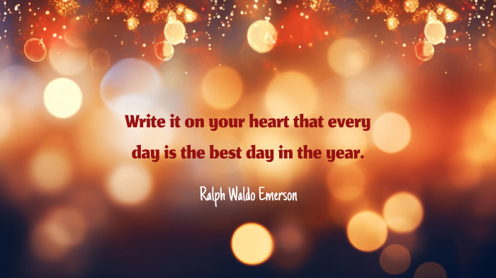 An image with a bokeh effect background and a New Year quote by Ralph Waldo Emerson.
