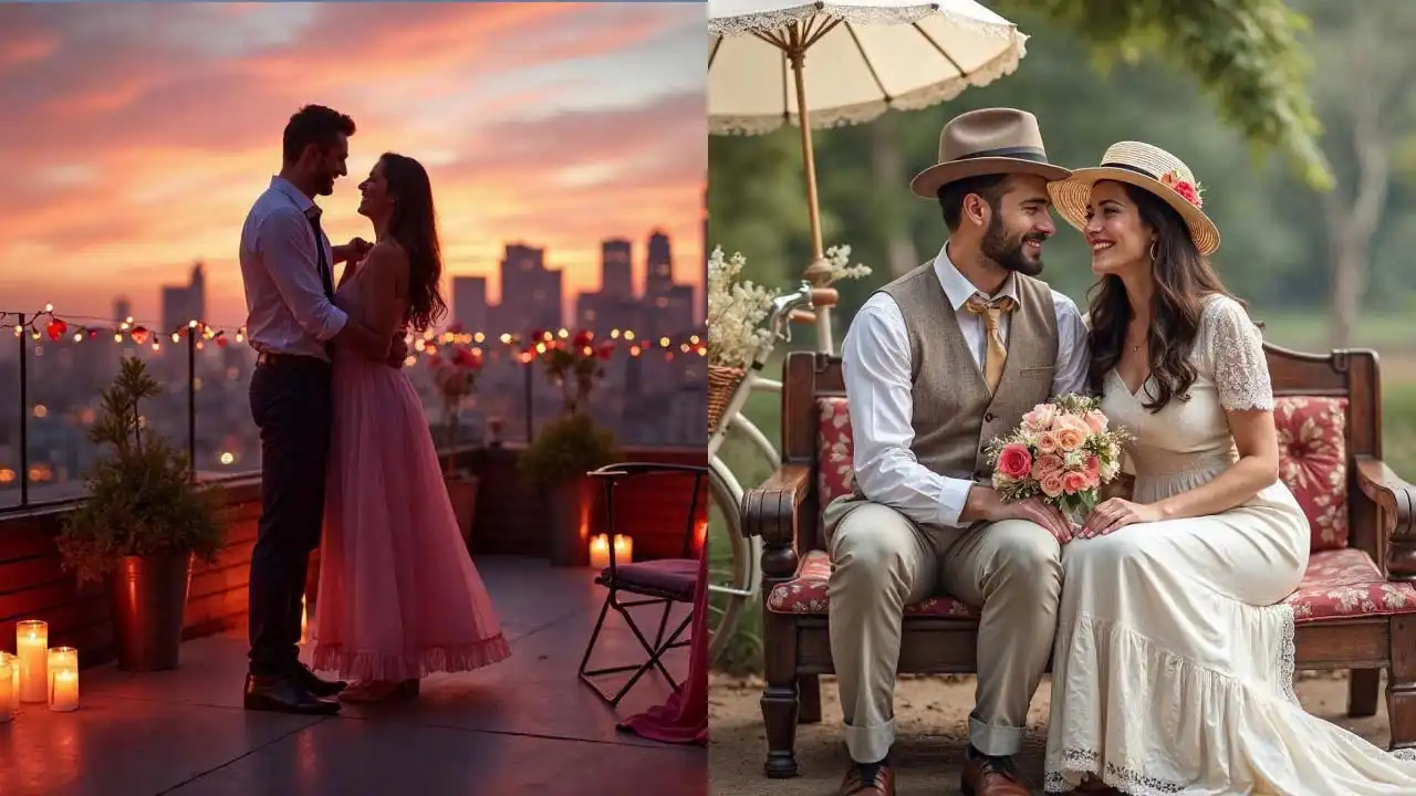 A collage of two couple photos. Left, a couple dancing on the rooftop, and right, a couple in a vintage outfit and setup.