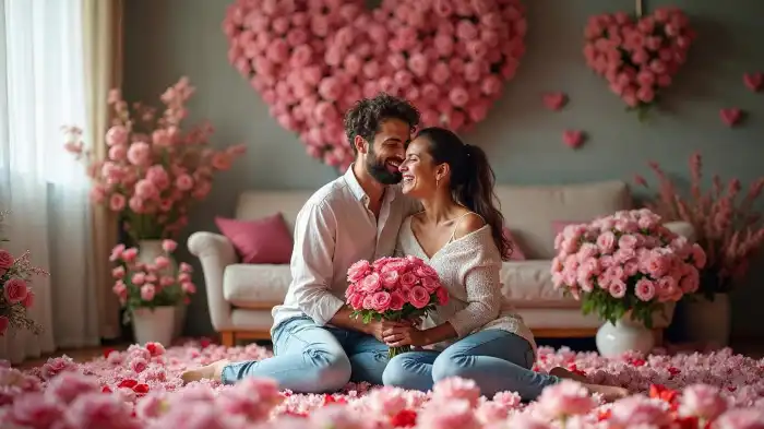 A photo of a couple sharing a laugh in a room with an abundance of flowers on the floor, in vases, and on the wall.
