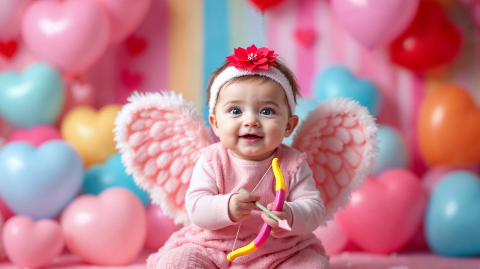 A photo of a baby dressed in cupid outfit in front of a colorful and cheerful background with heart-shaped balloons. 