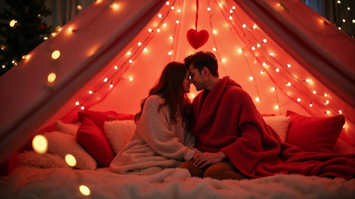 A photo of a couple sitting inside a blanket fort with fairy lights, soft pillows, and plush throws.