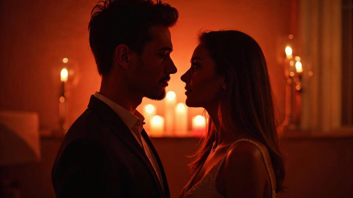 A photo of a couple gazing into each other’s eyes in a warm, dimly lit room by the soft glow of the candles.