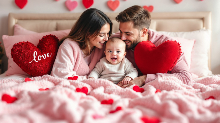 A photo of a baby sitting between parents on a bed with a soft blanket, Valentine’s-themed pillows, and plush hearts.