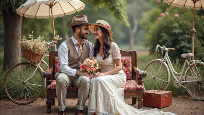 A photo of a couple in retro-style outfits sitting on a bench in a vintage-inspired garden setup.