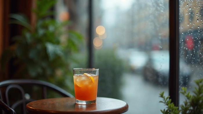 A drink placed on a small round table by a cafe window that shows raindrops streaking the glass.