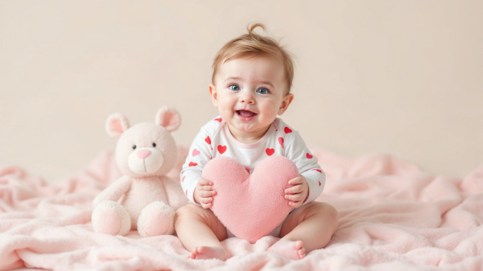 A photo of a baby in a onesie with hearts, playing with a heart-shaped plush toy.