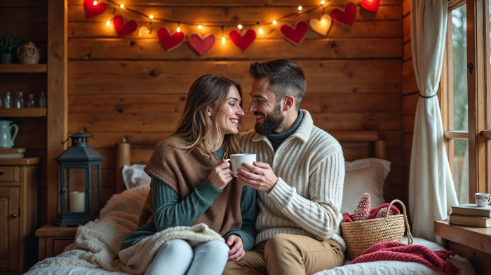 A photo of a couple sharing a cup of hot cocoa in a wooden cabin decorated with a soft blanket and vintage props. 