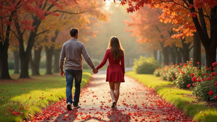 A photo of a couple strolling hand-in-hand through a scenic park, surrounded by trees, flowers, and natural beauty. 