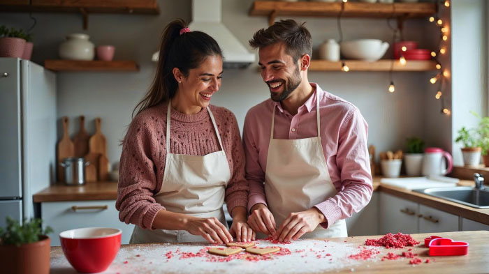 A photo of a couple baking together and laughing in the kitchen decorated with heart-shaped cookie cutters and sprinkles.